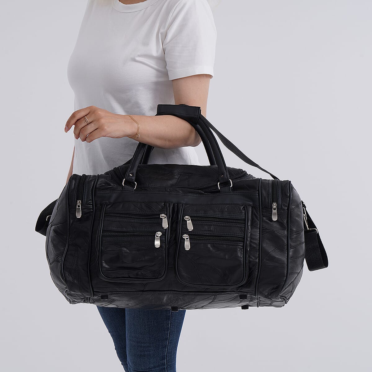 Multi Color Patchwork Sheep Genuine Leather Travel Bag with Detachable Shoulder Strap image number 2