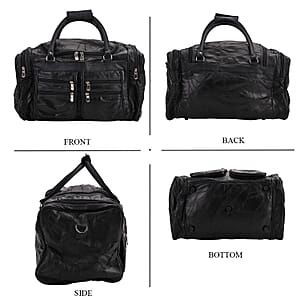 Black Patchwork Sheep Genuine Leather Travel Bag with Detachable Shoulder Strap