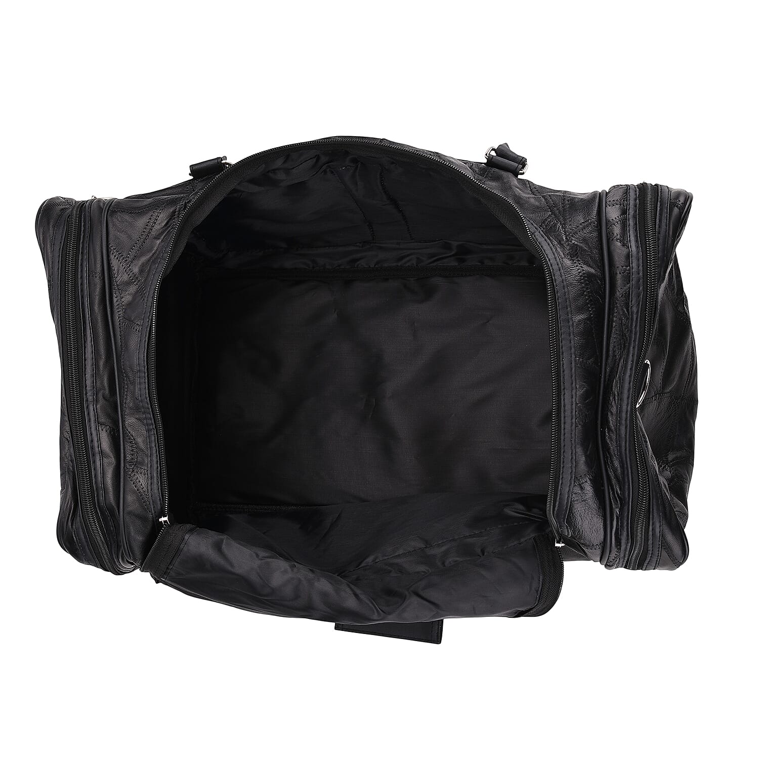 Black Patchwork Sheep Genuine Leather Travel Bag with Detachable Shoulder Strap