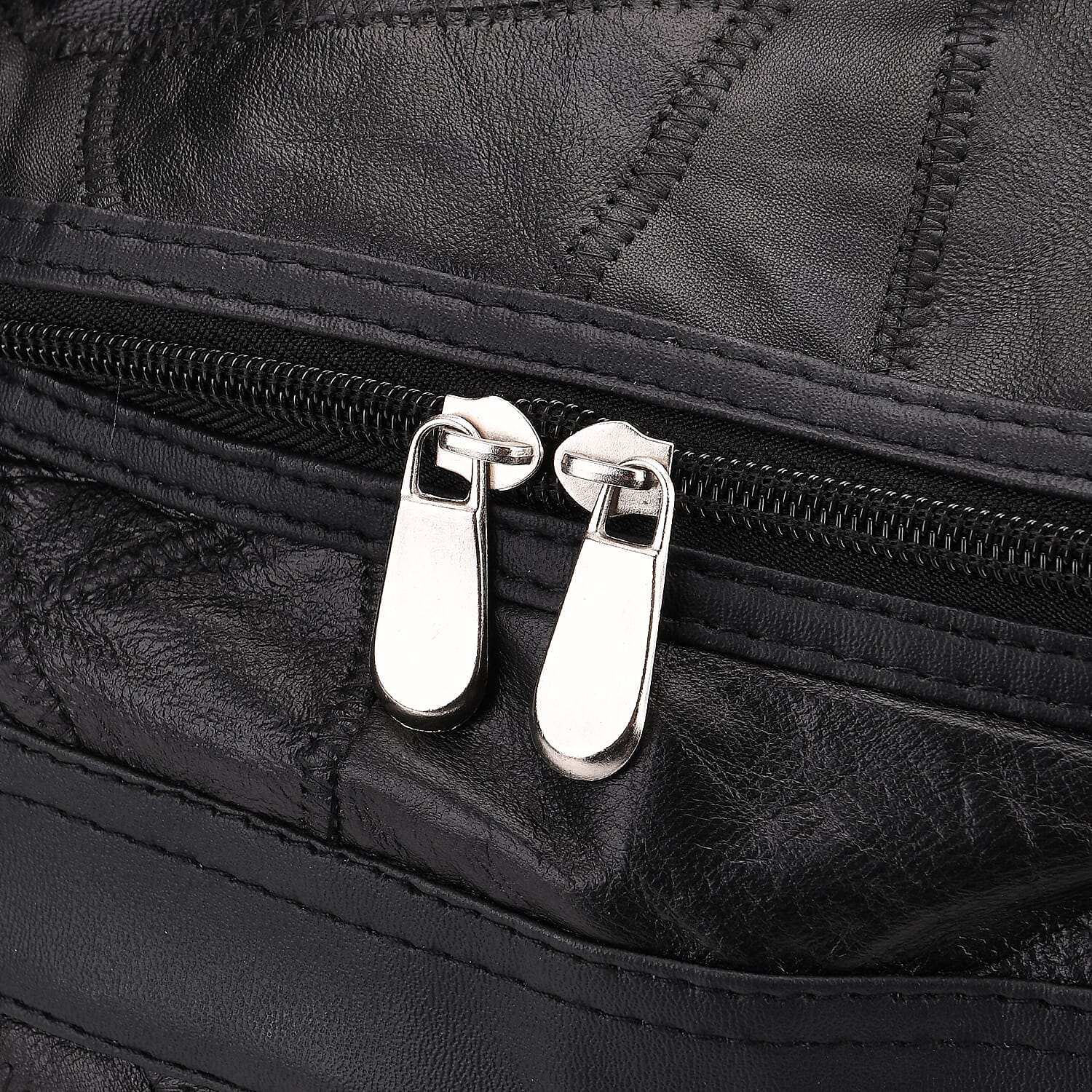 Black Patchwork Sheep Genuine Leather Travel Bag with Detachable Shoulder Strap