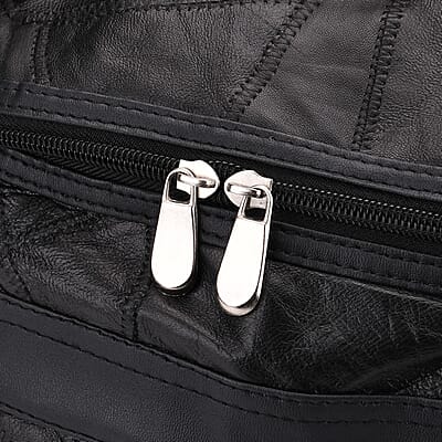 Black Patchwork Sheep Genuine Leather Travel Bag with Detachable Shoulder Strap