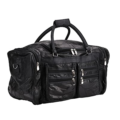 Black Patchwork Sheep Genuine Leather Travel Bag with Detachable Shoulder Strap
