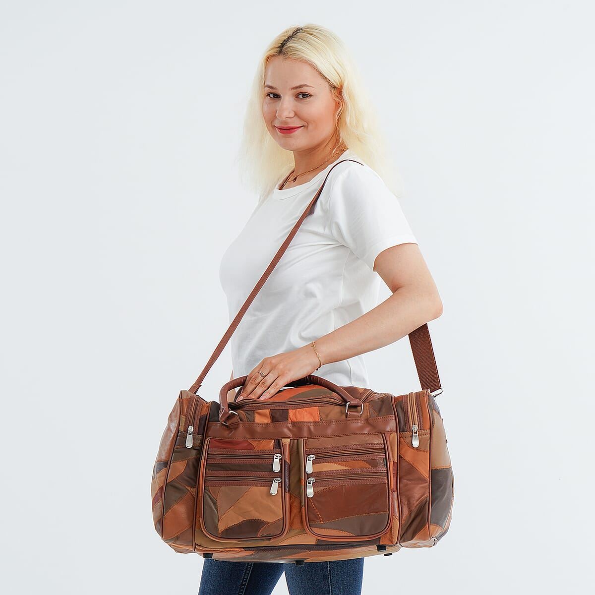 Multi Color Patchwork Sheep Genuine Leather Travel Bag with Detachable Shoulder Strap image number 1