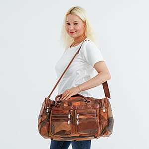 Multi Color Patchwork Sheep Genuine Leather Travel Bag with Detachable Shoulder Strap