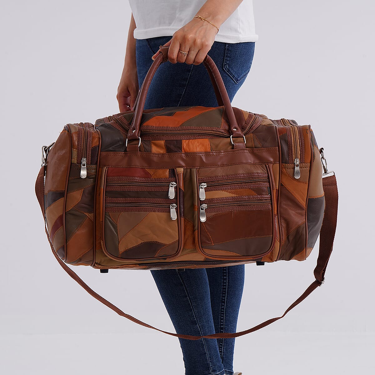 Multi Color Patchwork Sheep Genuine Leather Travel Bag with Detachable Shoulder Strap image number 2