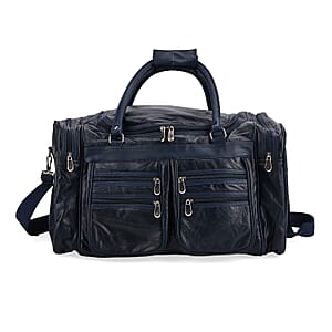 Navy Patchwork Sheep Genuine Leather Travel Bag with Detachable Shoulder Strap