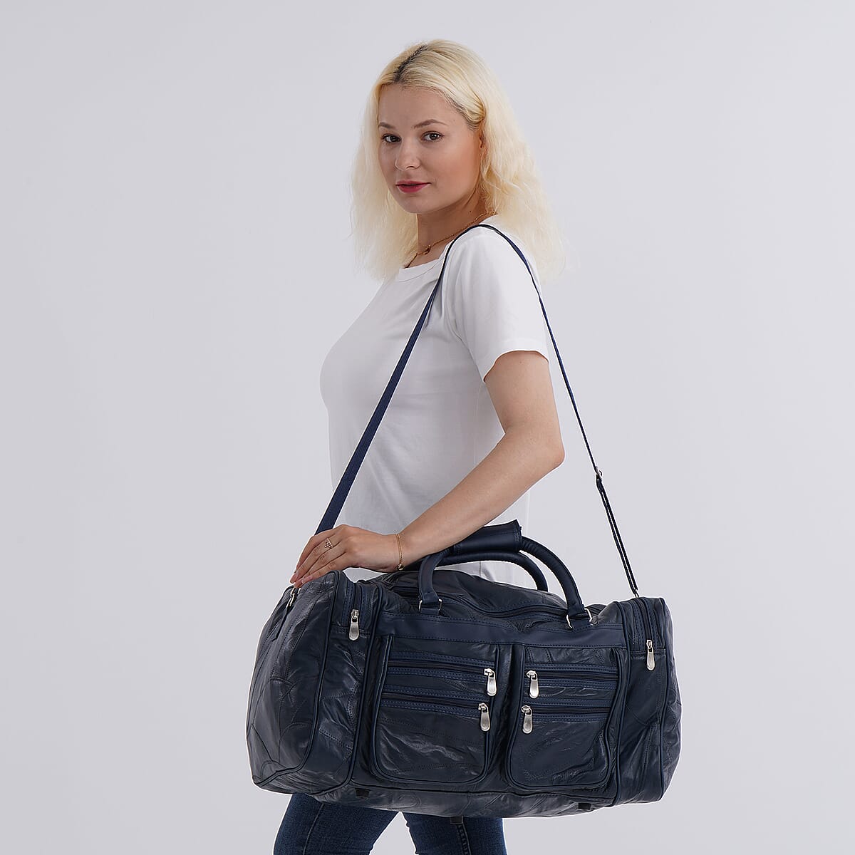 Navy Patchwork Sheep Genuine Leather Travel Bag with Detachable Shoulder Strap image number 1