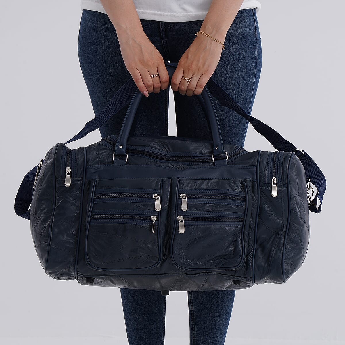 Navy Patchwork Sheep Genuine Leather Travel Bag with Detachable Shoulder Strap image number 2