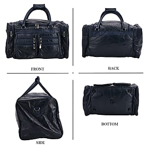 Navy Patchwork Sheep Genuine Leather Travel Bag with Detachable Shoulder Strap