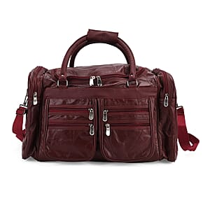 Burgundy Patchwork Sheep Genuine Leather Travel Bag with Detachable Shoulder Strap