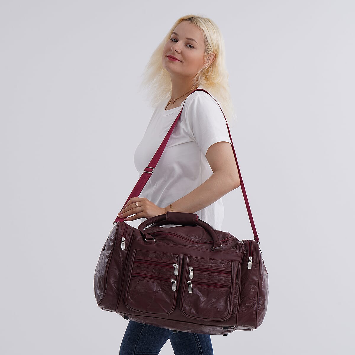 Burgundy Patchwork Sheep Genuine Leather Travel Bag with Detachable Shoulder Strap image number 1