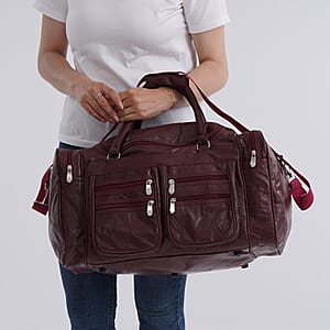 Burgundy Patchwork Sheep Genuine Leather Travel Bag with Detachable Shoulder Strap