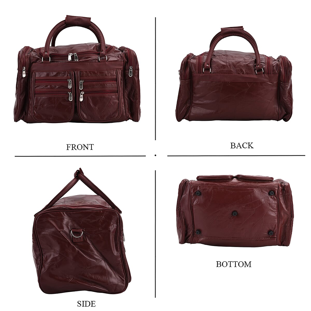 Burgundy Patchwork Sheep Genuine Leather Travel Bag with Detachable Shoulder Strap image number 3