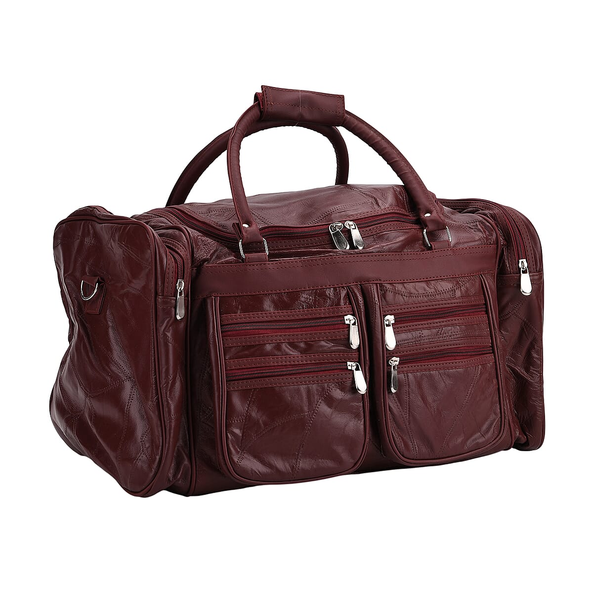 Burgundy Patchwork Sheep Genuine Leather Travel Bag with Detachable Shoulder Strap image number 6