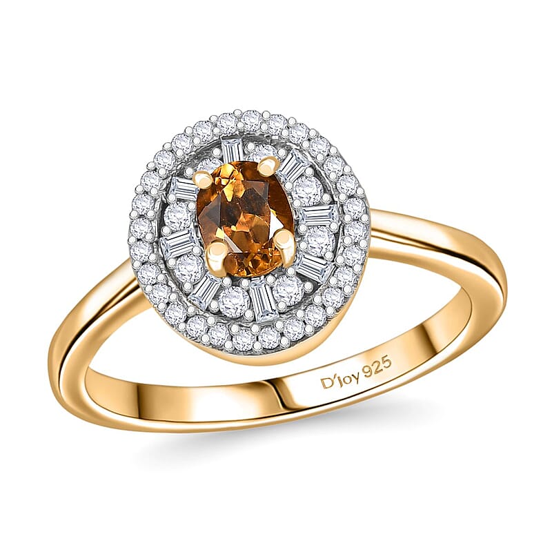 Premium Golden Turkizite, White Diamond (0.31 cts) Double Halo Ring in 18K Vermeil YG Over Sterling Silver (Size 10.0) 0.70 ctw