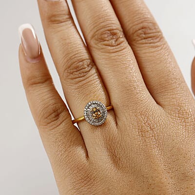 Premium Golden Turkizite, White Diamond (0.31 cts) Double Halo Ring in 18K Vermeil YG Over Sterling Silver (Size 10.0) 0.70 ctw