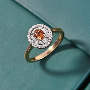 D'Joy Premium Golden Turkizite and White Diamond 0.70 ctw Double Halo Ring in 18K Vermeil Yellow Gold Over Sterling Silver (Size 6.0)