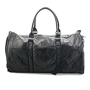 Black Patchwork Sheep Genuine Leather Travel Garment Duffle Bag with Detachable Shoulder Strap