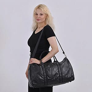 Black Patchwork Sheep Genuine Leather Travel Garment Duffle Bag with Detachable Shoulder Strap