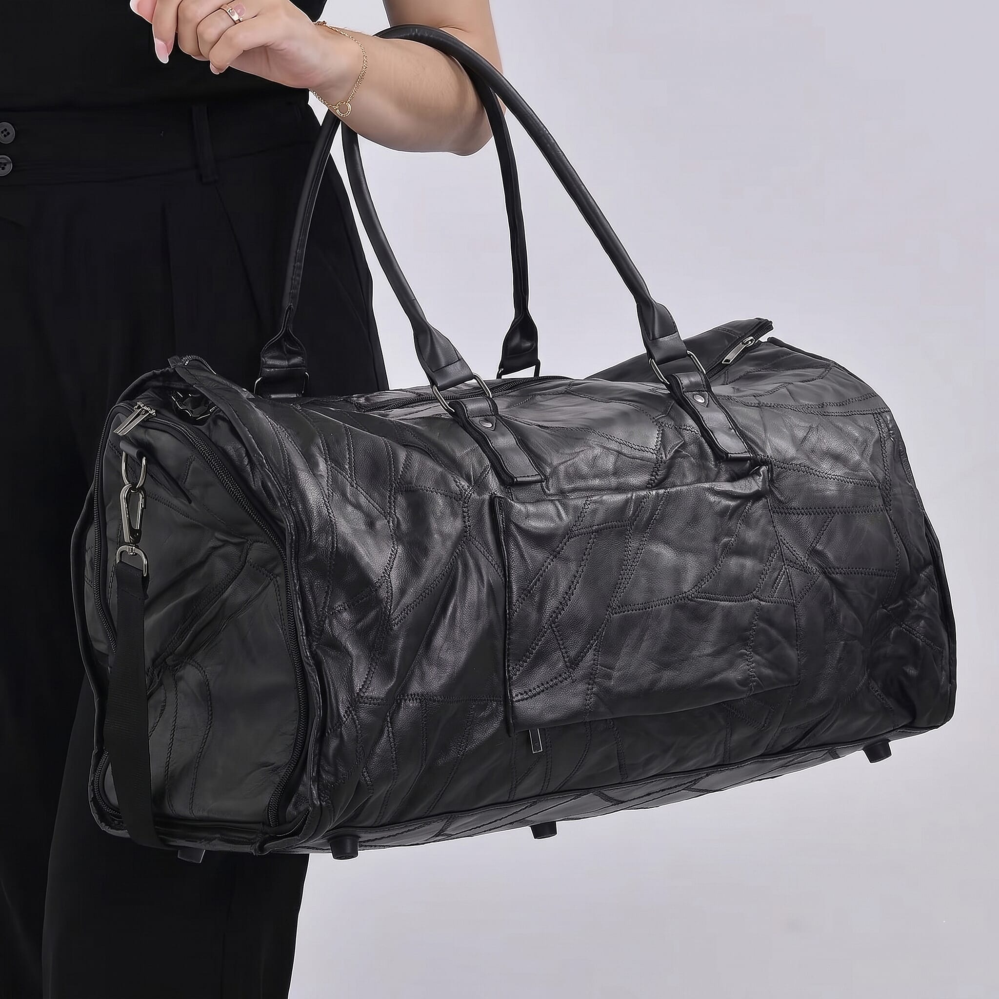 Black Patchwork Sheep Genuine Leather Travel Garment Duffle Bag with Detachable Shoulder Strap