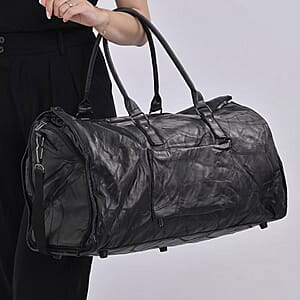 Black Patchwork Sheep Genuine Leather Travel Garment Duffle Bag with Detachable Shoulder Strap
