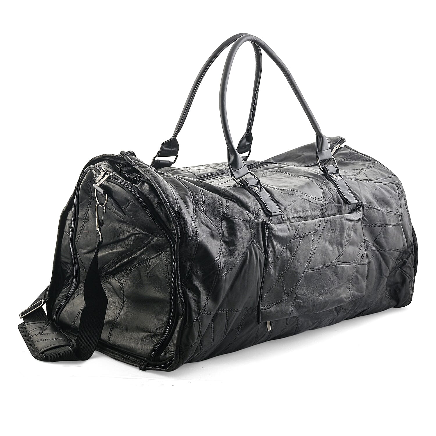 Black Patchwork Sheep Genuine Leather Travel Garment Duffle Bag with Detachable Shoulder Strap