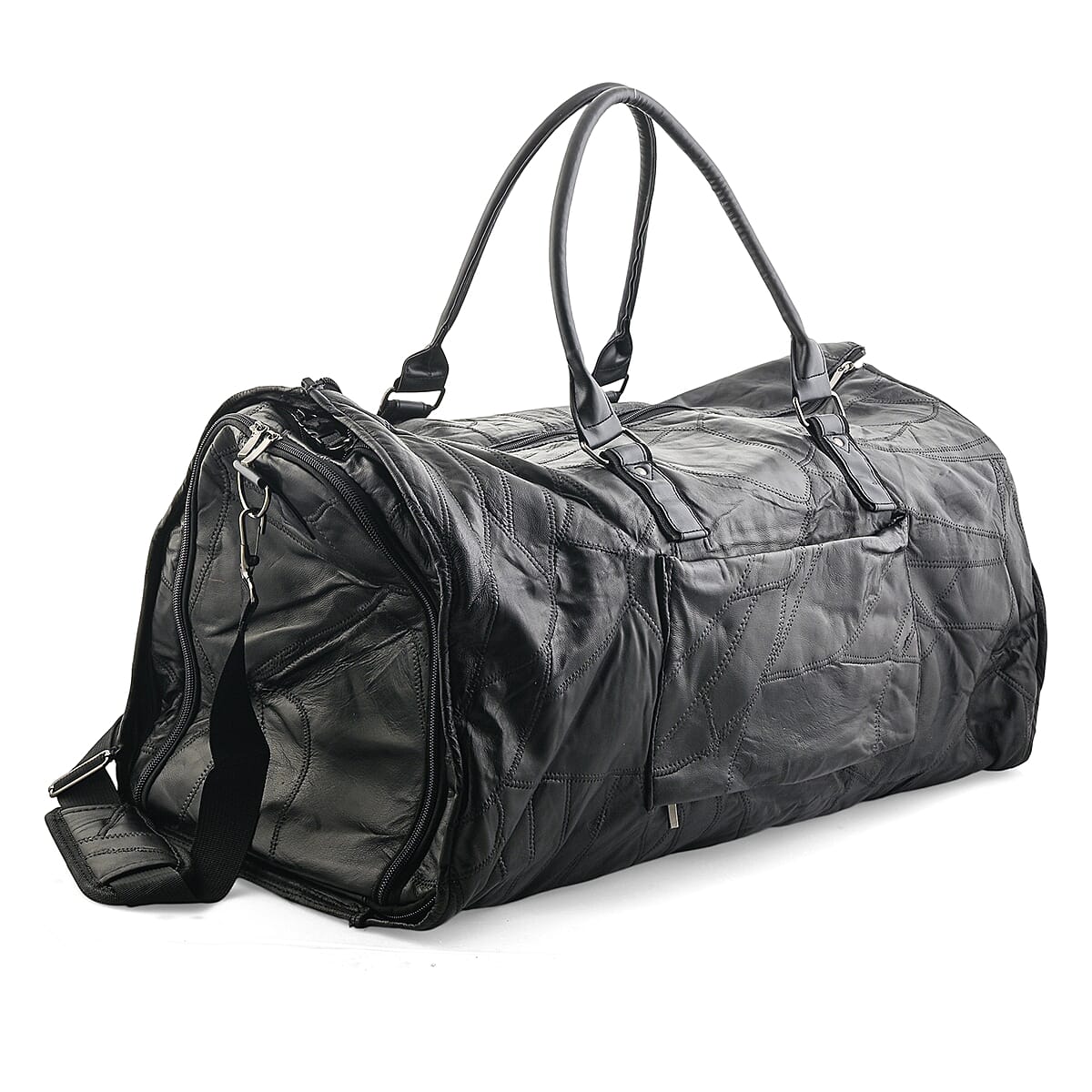 Black Patchwork Sheep Genuine Leather Travel Garment Duffle Bag with Detachable Shoulder Strap image number 4