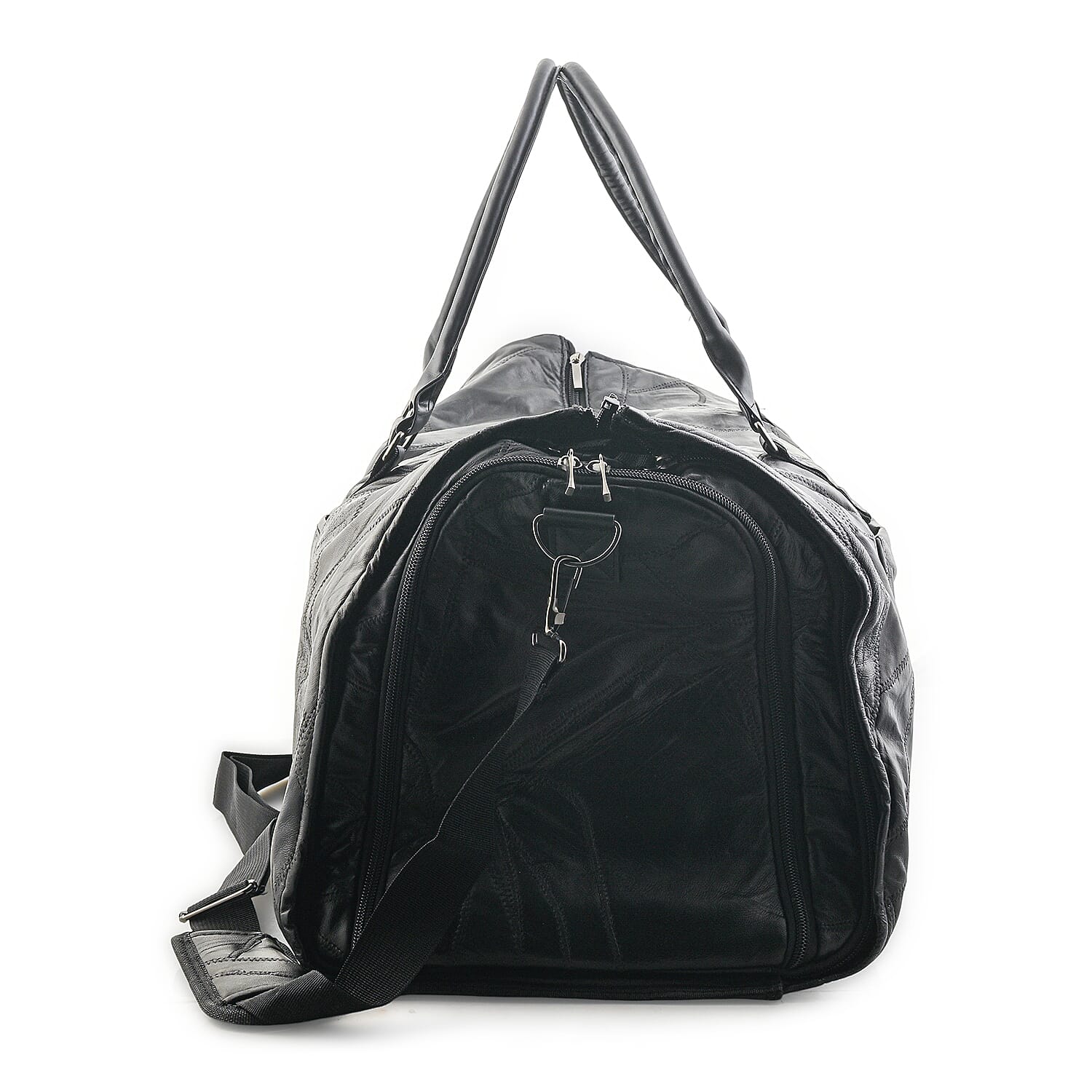 Black Patchwork Sheep Genuine Leather Travel Garment Duffle Bag with Detachable Shoulder Strap