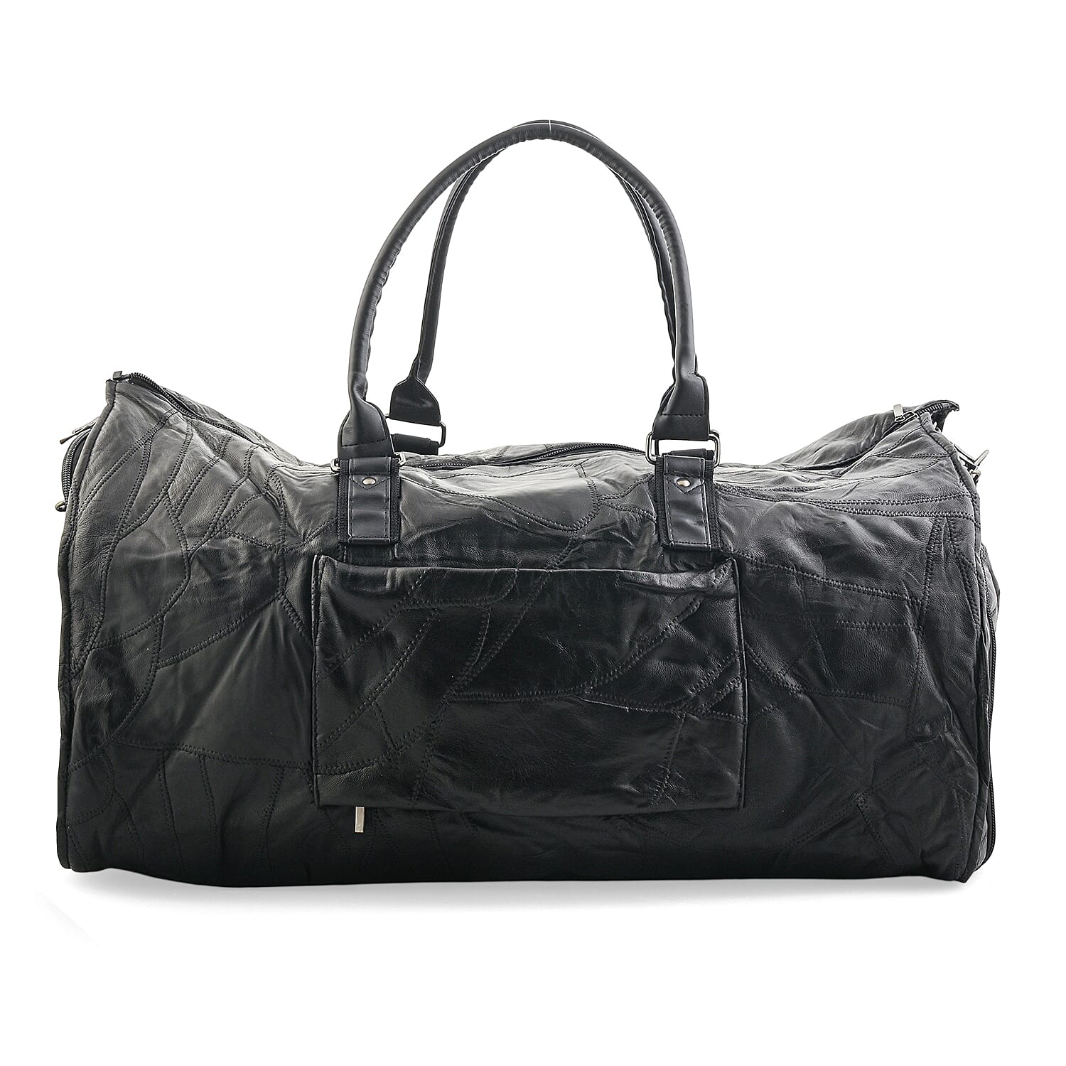 Black Patchwork Sheep Genuine Leather Travel Garment Duffle Bag with Detachable Shoulder Strap