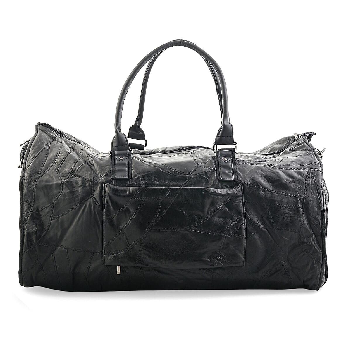 Black Patchwork Sheep Genuine Leather Travel Garment Duffle Bag with Detachable Shoulder Strap image number 6