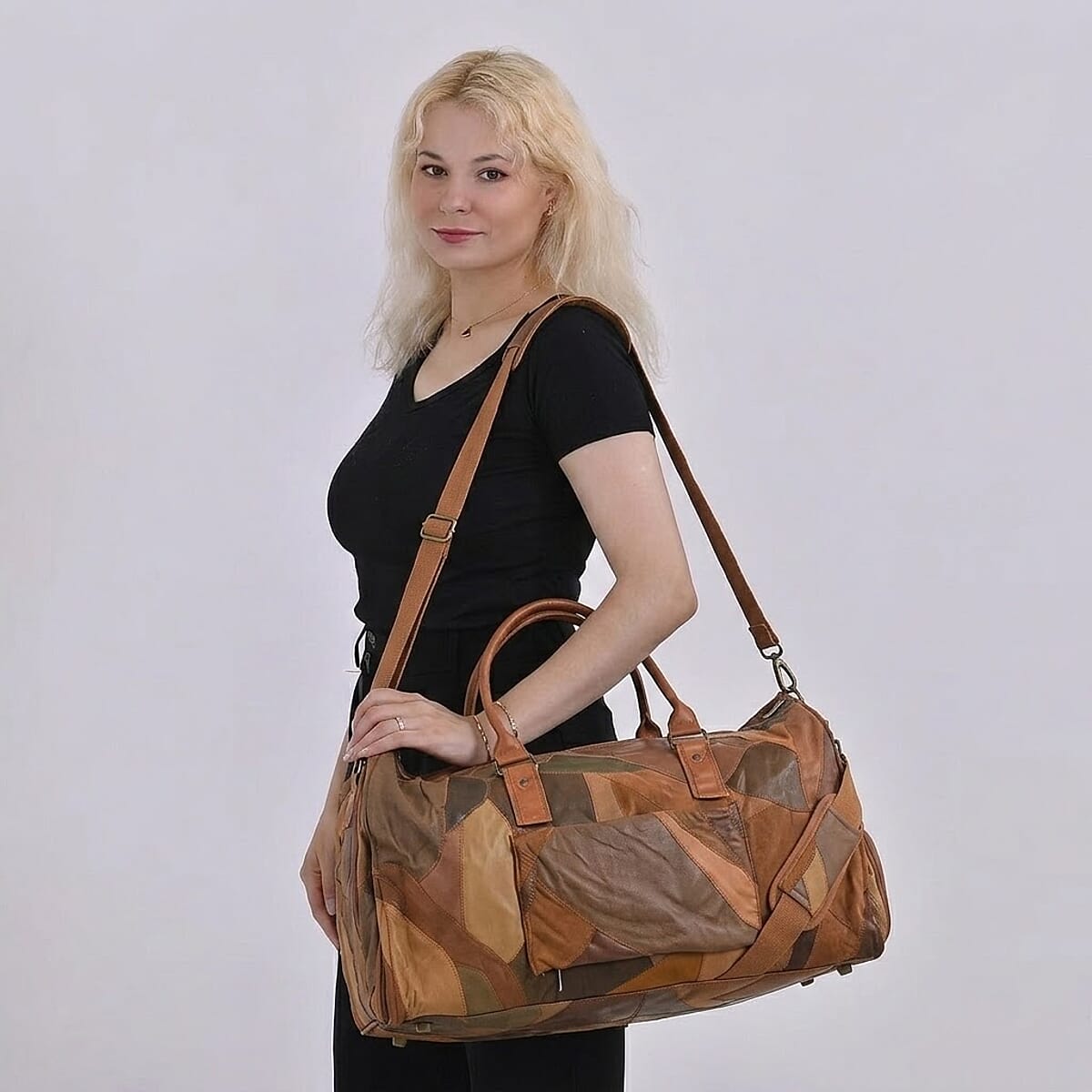 Multi Color Patchwork Sheep Genuine Leather Travel Garment Duffle Bag with Detachable Shoulder Strap image number 2