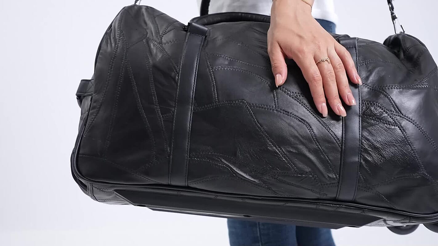 Black Patchwork Sheep Leather Travel Bag with Wheels (20"x10.83"x11.8")