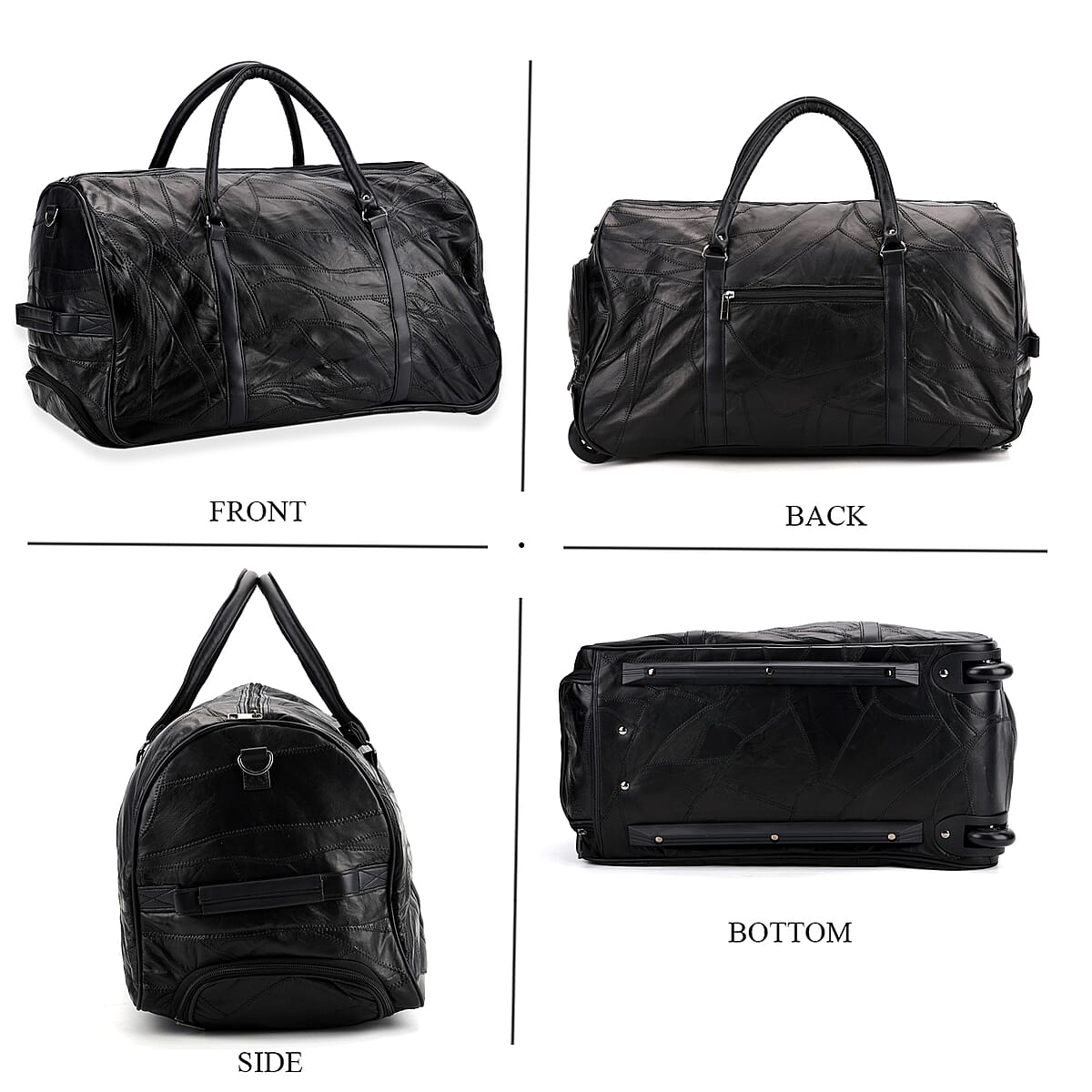 Black Patchwork Sheep Leather Travel Bag with Wheels image number 4