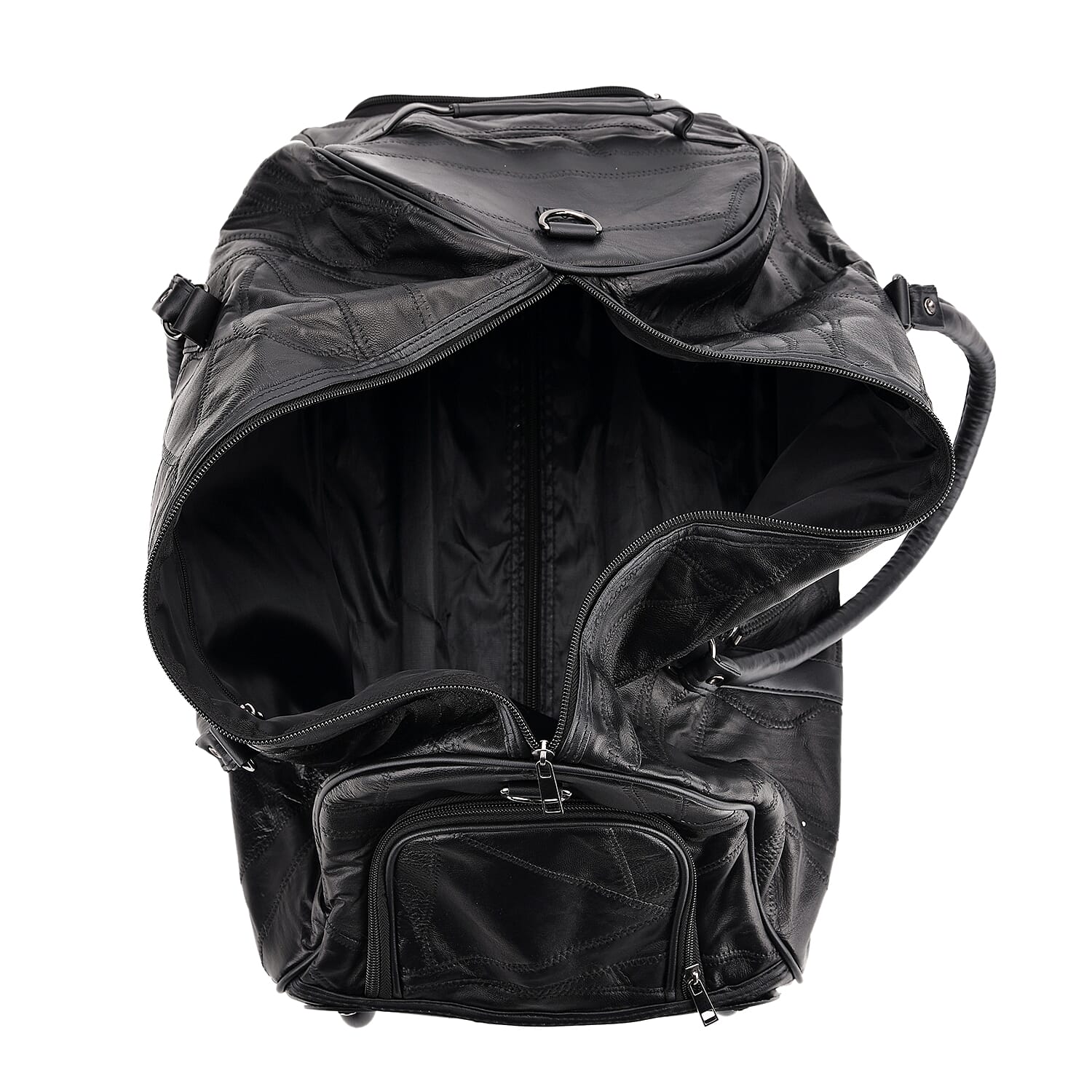 Buy Black Patchwork Sheep Leather Travel Bag with Wheels at ShopLC.
