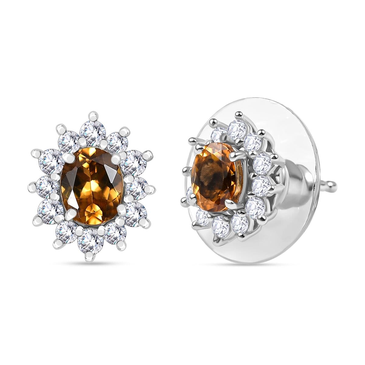 Premium Golden Turkizite and White Zircon 1.35 ctw Sunburst Stud Earrings in Rhodium Over Sterling Silver  image number 0