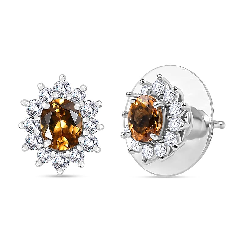 D'Joy Premium Golden Turkizite and White Zircon 1.35 ctw Sunburst Stud Earrings in Rhodium Over Sterling Silver 