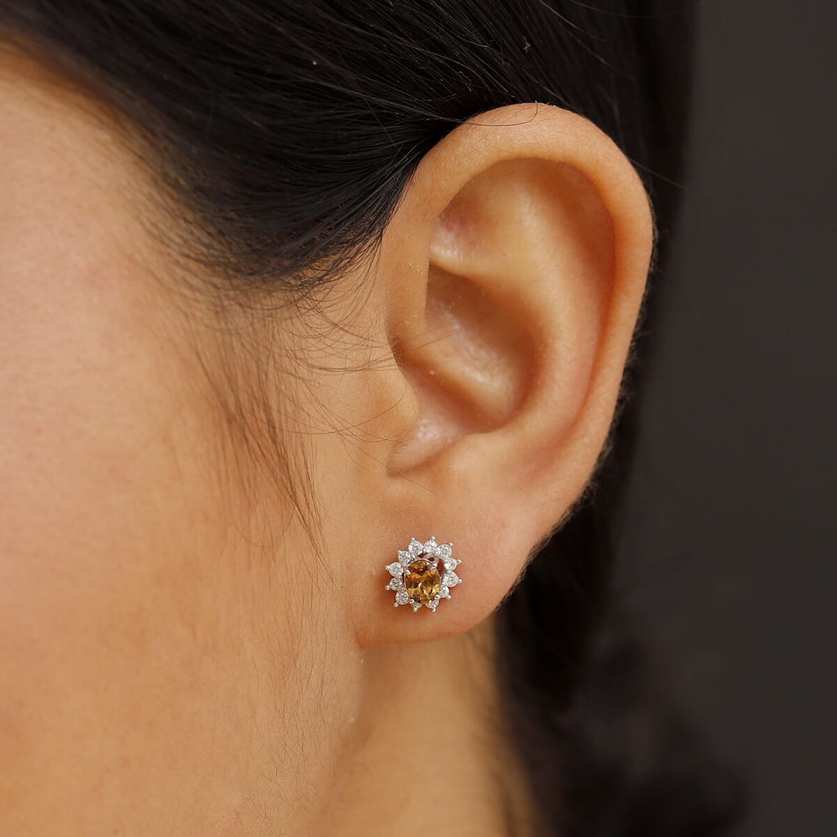 Premium Golden Turkizite and White Zircon 1.35 ctw Sunburst Stud Earrings in Rhodium Over Sterling Silver  image number 2