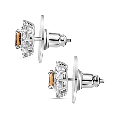 D'Joy Premium Golden Turkizite and White Zircon 1.35 ctw Sunburst Stud Earrings in Rhodium Over Sterling Silver 
