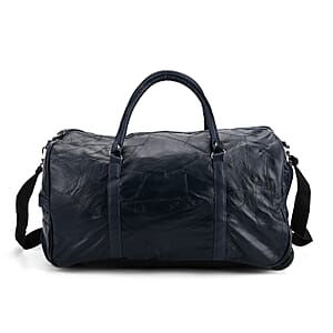Navy Patchwork Sheep Leather Travel Bag with Wheels