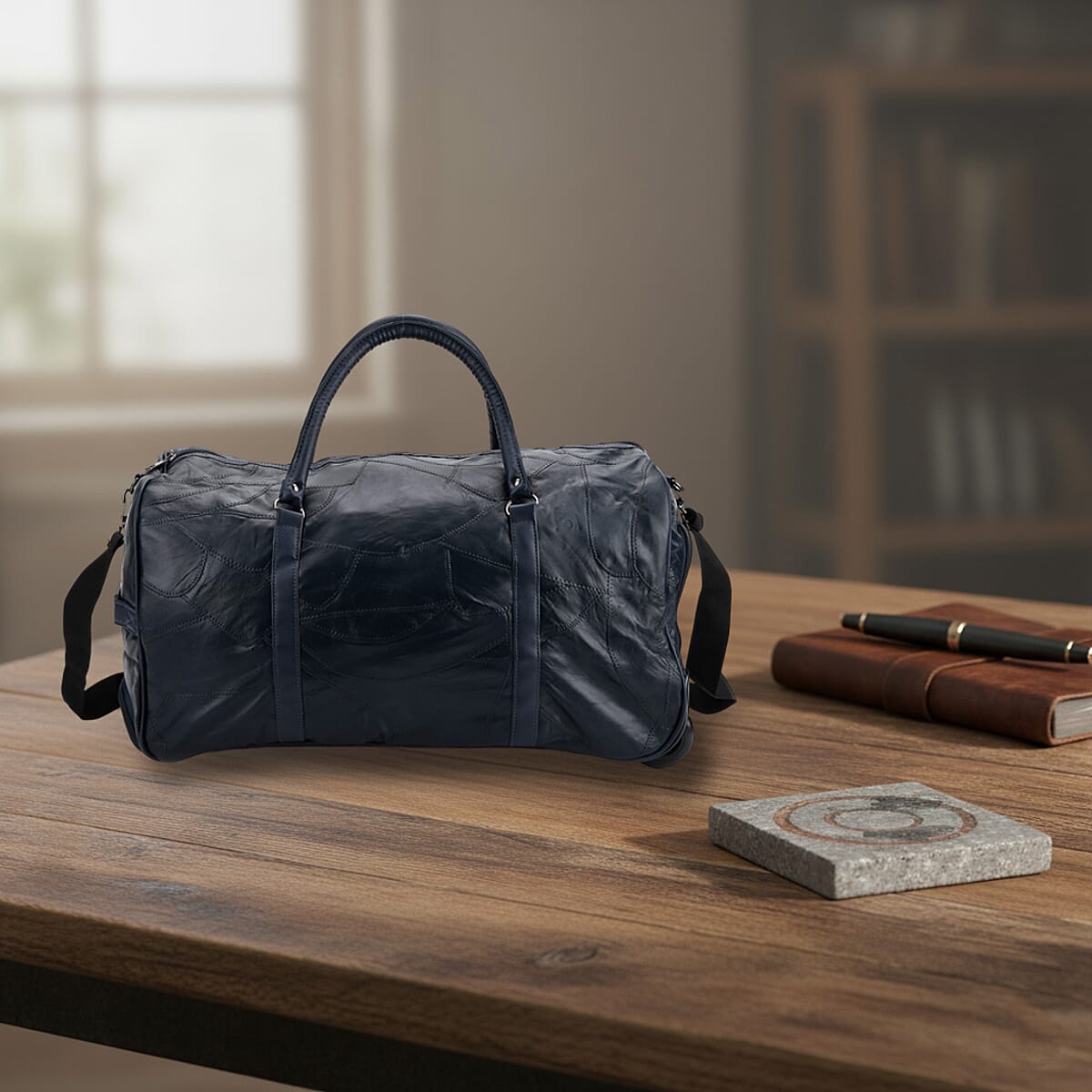 Navy Patchwork Sheep Leather Travel Bag with Wheels image number 1