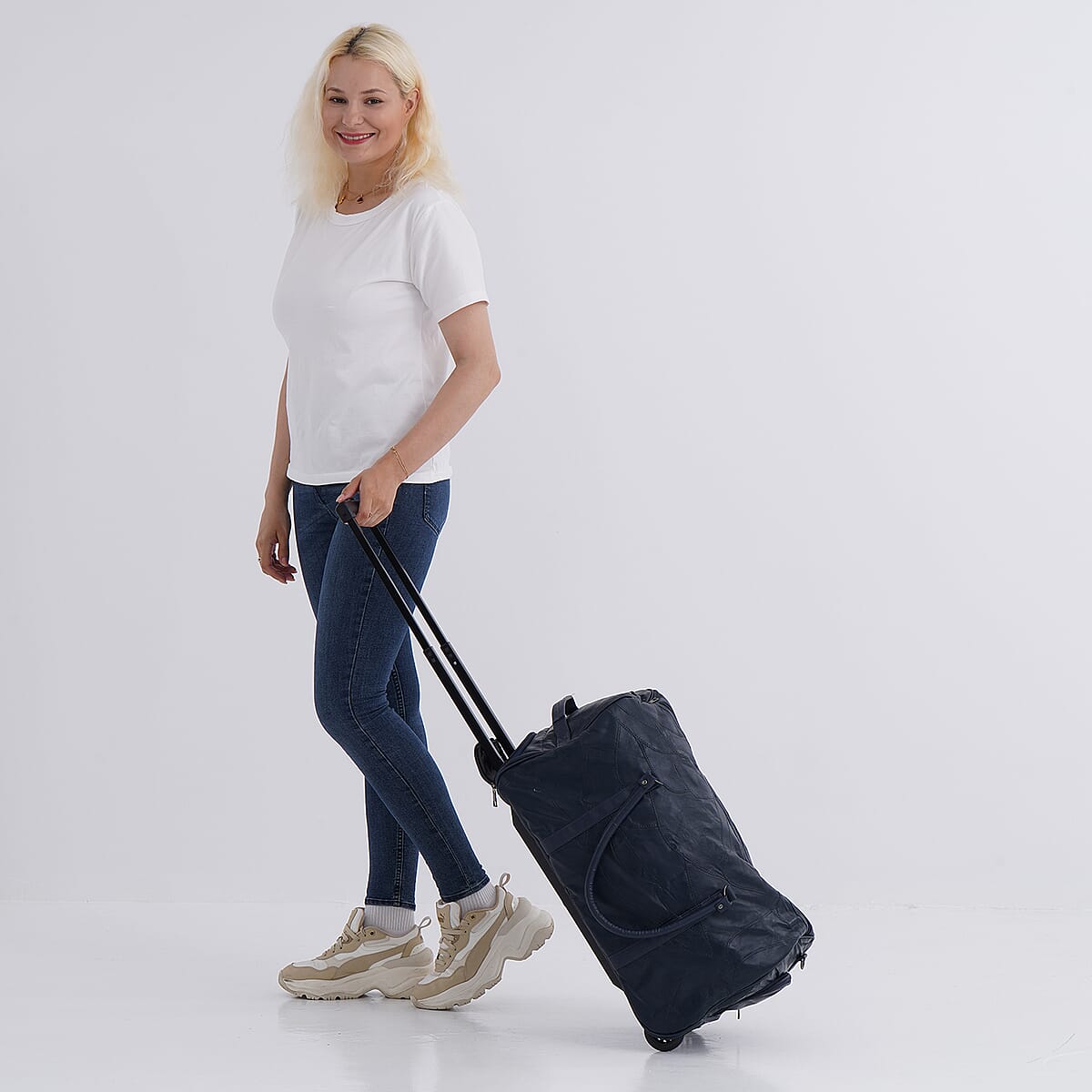 Navy Patchwork Sheep Leather Travel Bag with Wheels image number 2