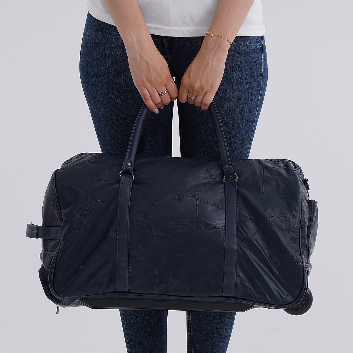 Navy Patchwork Sheep Leather Travel Bag with Wheels image number 3