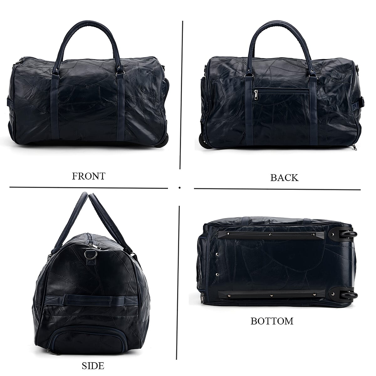 Navy Patchwork Sheep Leather Travel Bag with Wheels image number 4
