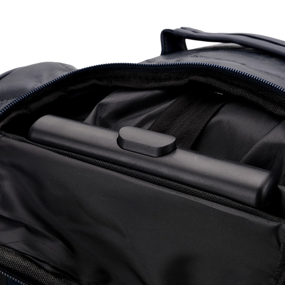 Navy Patchwork Sheep Leather Travel Bag with Wheels image number 7