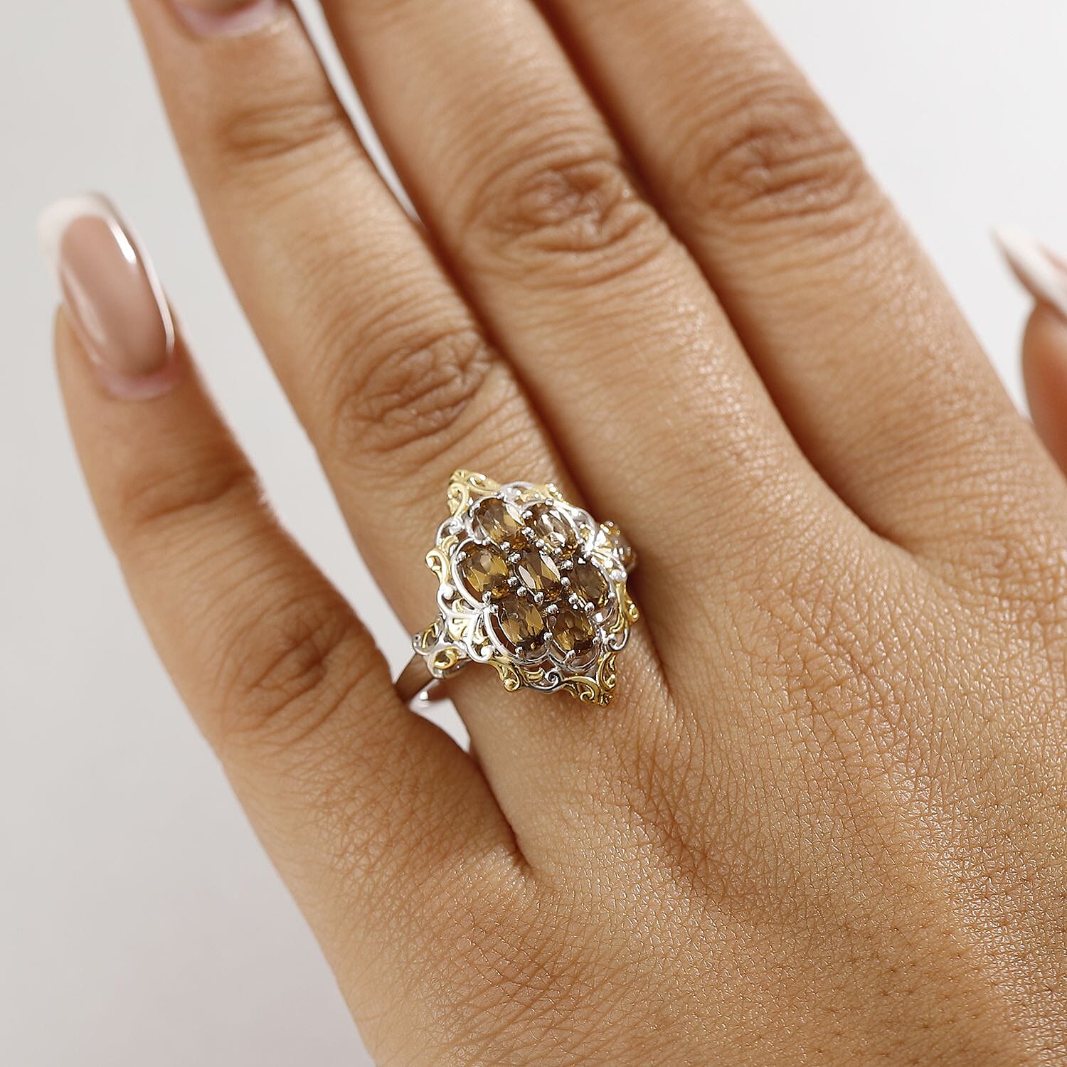 D'Joy Premium Golden Turkizite 1.85 ctw Filigree Cluster Ring in 18K Vermeil YG and Rhodium Over Sterling Silver (Size 6.0)