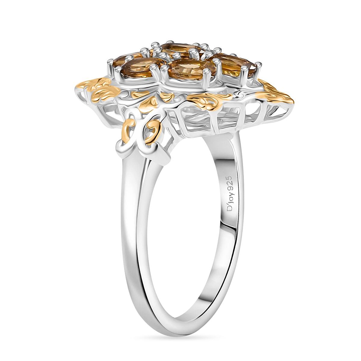 D'Joy Premium Golden Turkizite 1.85 ctw Filigree Cluster Ring in 18K Vermeil YG and Rhodium Over Sterling Silver (Size 6.0)