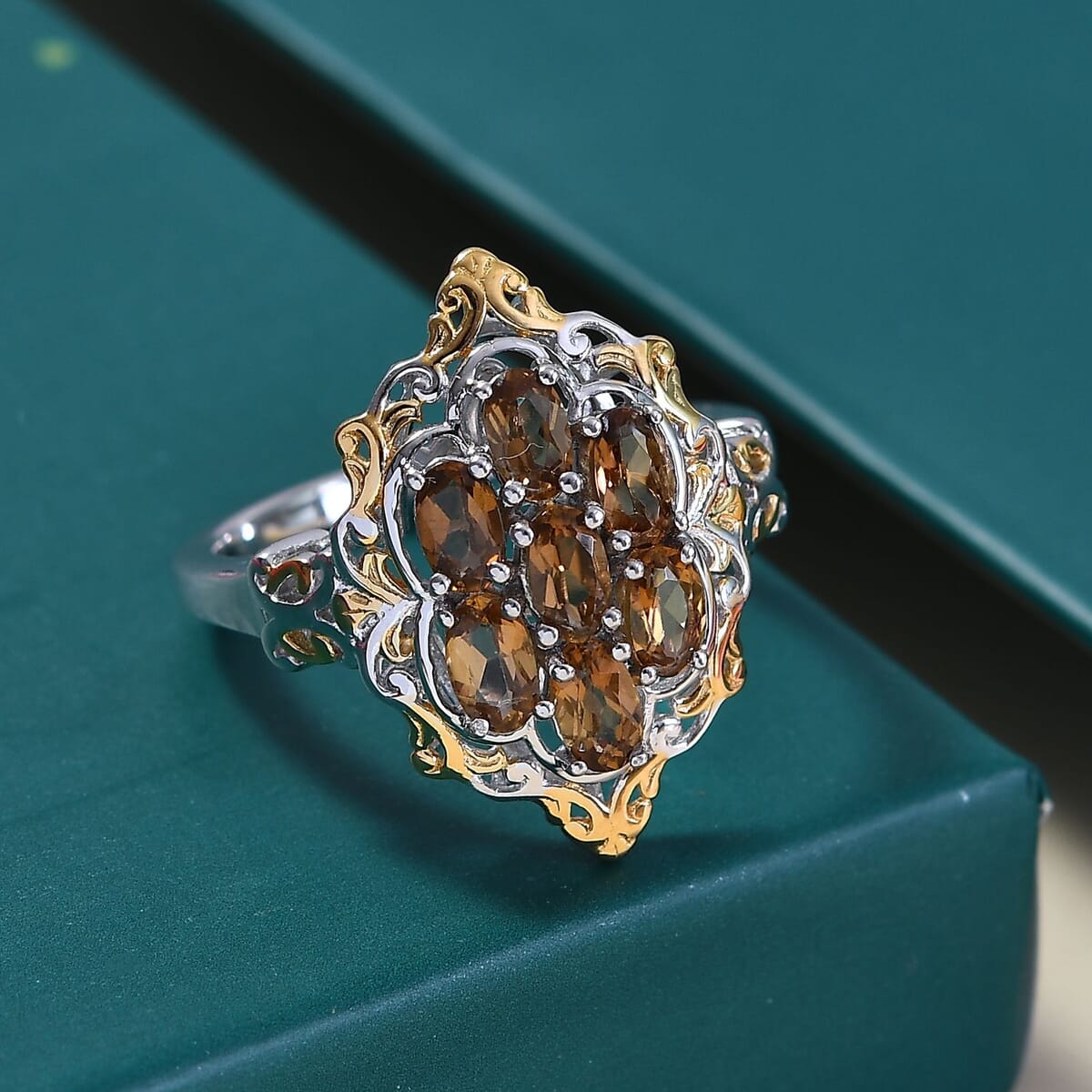 D'Joy Premium Golden Turkizite 1.85 ctw Filigree Cluster Ring in 18K Vermeil YG and Rhodium Over Sterling Silver (Size 8.0) image number 1