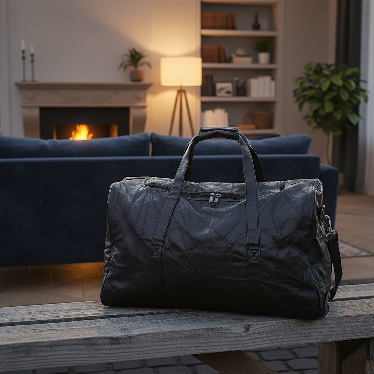 Black Patchwork Sheep Leather Travel Bag with Wheels image number 1