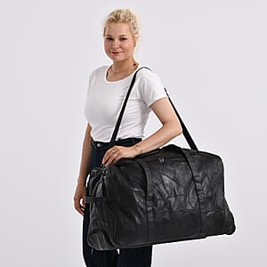 Black Patchwork Sheep Leather Travel Bag with Wheels