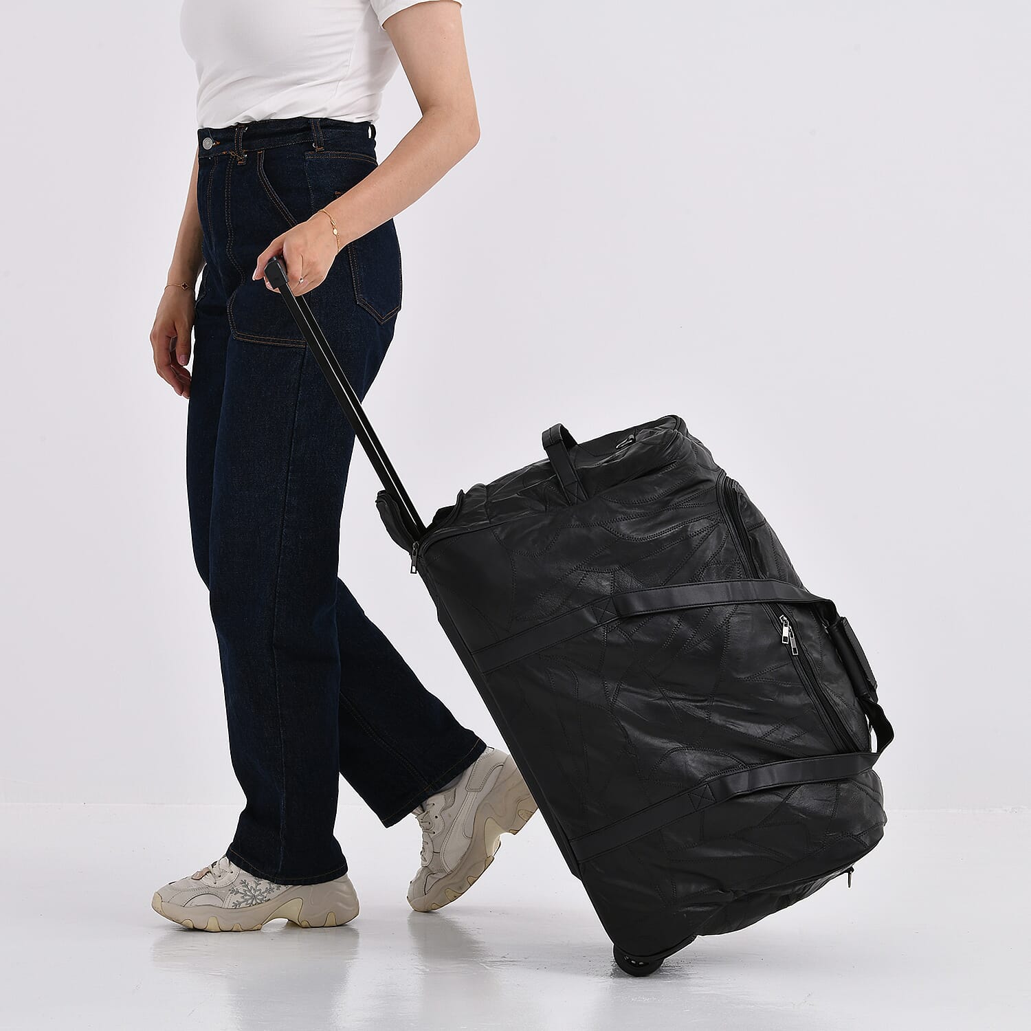 Black Patchwork Sheep Leather Travel Bag with Wheels